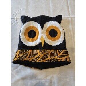 DMM Owl Knit Beanie Boys' Black Yellow White Ear Flaps 100% Acrylic Winter Hat